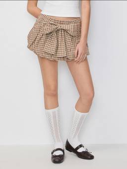 Cider - Plaid Bowknot Women's Mid-Rise Bubble Hem Mini Skort Khaki