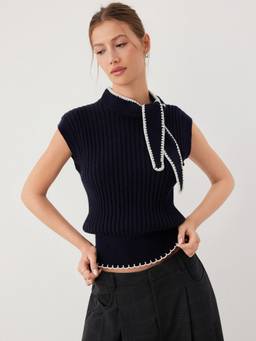 Cider - Knit Women's Two Tone High Neck Knotted Top Navy Blue