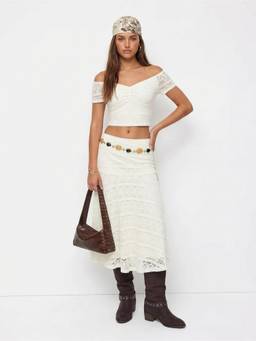 Cider - Lace Women's Off-Shoulder Crop Top Skirt Set Beige