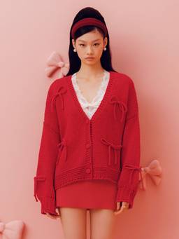 Cider - Knit Women's Oversized V-Neck Bow Detail Cardigan Red
