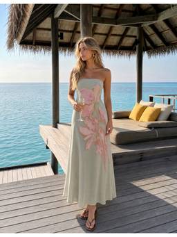 Cider - Chiffon Bandeau Women's Floral Backless Maxi Dress Pale Green