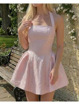 Cider - Jacquard Women's Halter Neck Bow Ruched Flared Mini Dress Pink