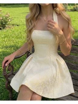 Cider - Jacquard Women's Halter Neck Bow Ruched Flared Mini Dress Yellow