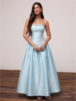 Cider - Satin Sculptural Women's Strapless Bow Flared Maxi Dress Light Blue