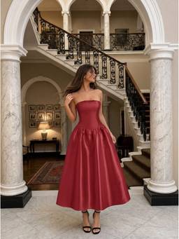 Cider - Satin Sculptural Women's Strapless Bow Flared Maxi Dress Wine