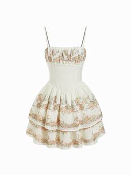Cider - Square Neck Women's Floral Tiered Flared Mini Dress Cream