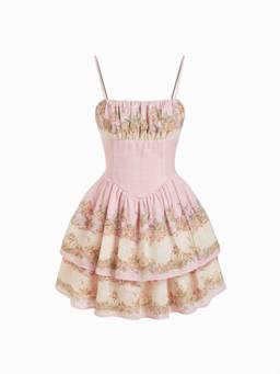 Cider - Square Neck Women's Floral Tiered Flared Mini Cami Dress Pink