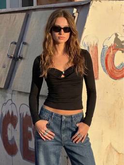 Cider - Sweetheart Twist Knotted Women Ruched Crop Top Black