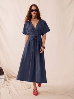 Cider - Linen-Blend Women V-Neck Pleated Knotted A-Line Maxi Dress Navy Blue