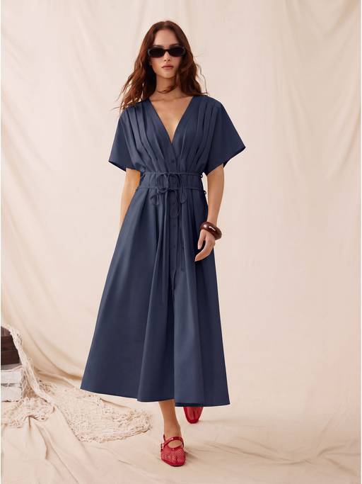 cider blue dress Buy Linen-Blend Women V-Neck Pleated Knotted A-Line Maxi Navy (XS) Online bandagebs