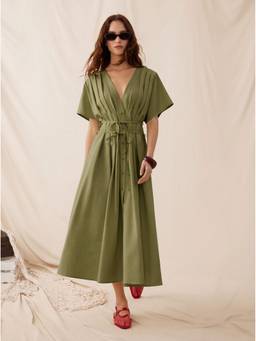 Cider - Linen-blend Women's V-Neck Pleated A-Line Maxi Dress Olive