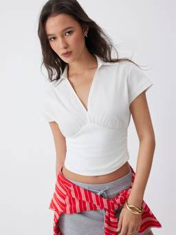 Cider - Cotton Women's Ruched V-Neck Blouse White