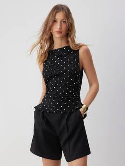 Cider - Polka Dot Women's Ruched Boat Neck Romper Black