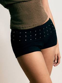 Cider - Cotton-Blend Women's Low Waist Metal Detail Micro Shorts Black