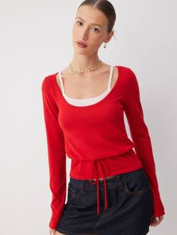 Cider - Knit Women’s U-Neck Knotted Top with Cami Red