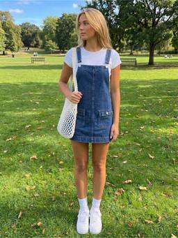 Cider - Denim Women's Oversized Metal Detail Pinafore Dress Blue