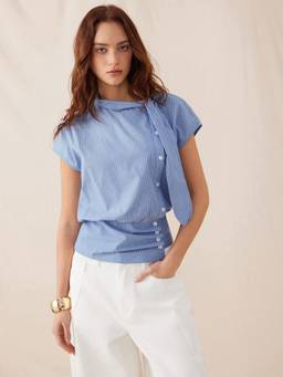 Cider - Linen-Blend Women's Striped High Neck Knotted Blouse Blue
