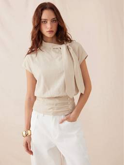 Cider - Linen Blend Women High Neck Tie-Up Blouse Off White