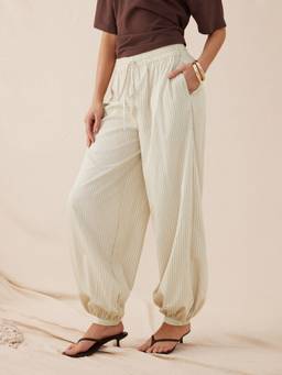 Cider - Linen-Blend Women Mid-Rise Striped Joggers Khaki