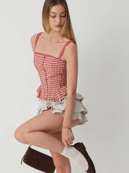 Cider - Gingham Women's Ruched Peplum Crop Cami Top Red