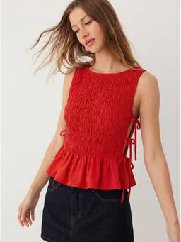 Cider - Ruched Women’s Square Neck Side Tie Peplum Crop Top Red