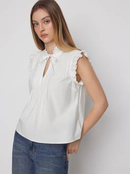 Cider - Cotton Blend Women Lace Ruffled Stand Collar Blouse White