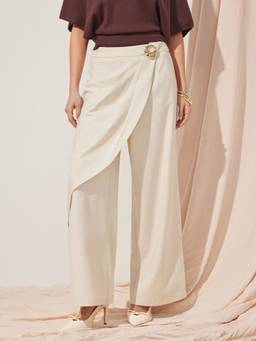 Cider - Linen-Blend Women’s Mid-Rise Asymmetrical Wide-Leg Trousers Beige