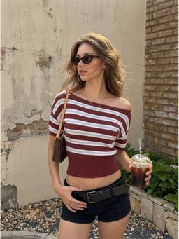 Cider - Knit Stripe Women Asymmetrical Neck Short Sleeve Top Burgundy