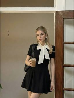 Cider - Stand Collar Women's Bowknot Flared Mini Dress Black