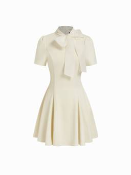 Cider - Bowknot Women's Stand Collar Flared Mini Dress Cream