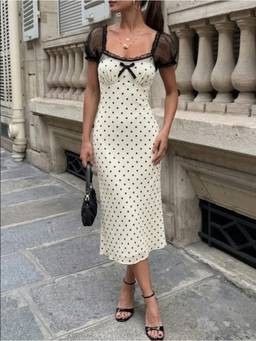 Cider - Satin Women's Polka Dot Square Neck Puff Sleeve Maxi Dress Cream