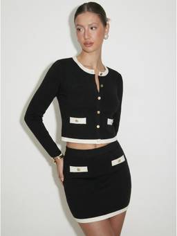 Cider - Contrasting Trim Women Button Front Skirt Set Black