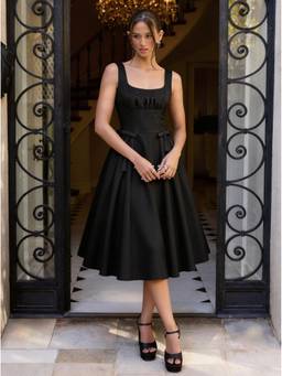 Cider - Sculptural Women's Square Neck Ruched Flared Midi Dress Black