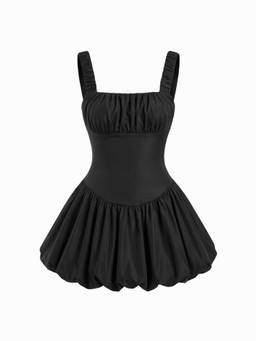 Cider - Ruched Square Neck Women's Smock Mini Dress Black