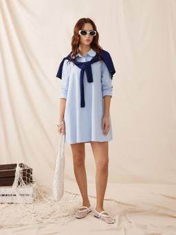 Cider - Cotton Blend Women Oversized Long Sleeve Shirt Mini Dress Blue