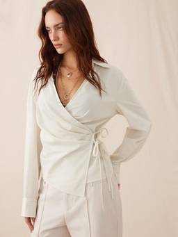 Cider - Linen Blend Women Striped Wrap Ruched Shirt Beige