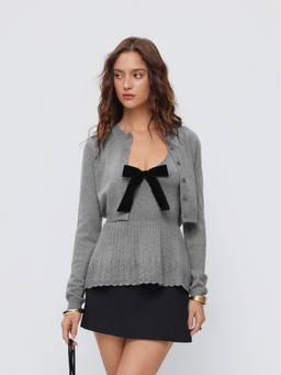 Cider - Knit Women's V-Neck Bow Detail Co-ord Set Grey