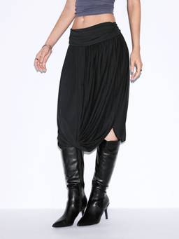 Cider - High Stretch Women’s Mid-Rise Wrap Bubble Hem Midi Skirt Black