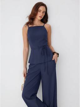 Cider - Linen-Blend Women's Tie-Waist Cami Pant Set Navy Blue