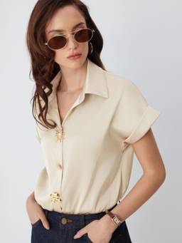Cider - Satin Metal Detail Women’s Collar Neck Bodysuit Champagne
