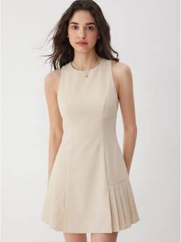 Cider - Linen-Blend Women's Ruched Pleated A-Line Mini Dress Ecru