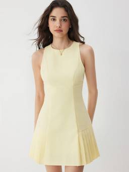 Cider - Linen-Blend Women's Ruched Pleated A-Line Mini Dress Yellow