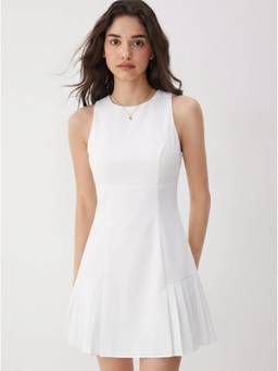 Cider - Linen Blend Women's Ruched Pleated A-Line Mini Dress White
