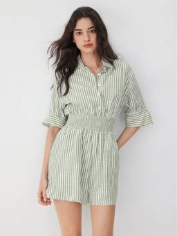 Cider - Cotton Blend Women Striped Collar Shirred Waist Playsuit Green