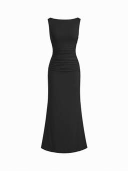 Cider - Ruched Pearl-Back Women's Boat Neck Maxi Dress Black