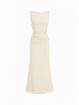 Cider - Ruched Pearl-Back Women's Boat Neck Slim Maxi Dress Cream