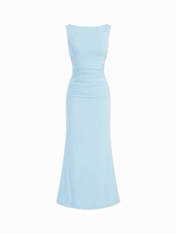 Cider - Boat Neck Women's Ruched Pearl Back Maxi Dress Sky Blue