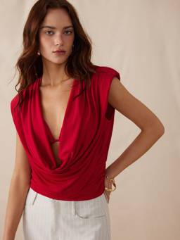 Cider - High Stretch Women Ruched Cowl Neck Crop Top Red