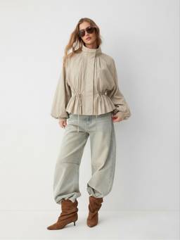 Cider - Women's Oversized Stand Collar Drawstring Waist Jacket Beige