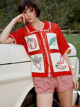 Cider - Crochet Fruit Embroidery Women Oversized Button-Up Cardigan Red